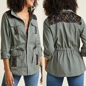 MODCLOTH Keep a Woven Mind Jacket Olive Army Green Multi Aztec Boho Embroidered